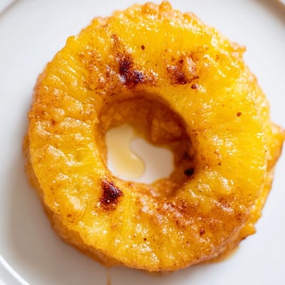 Freshly fried pineapple slices coated in a light cinnamon batter, drizzled with maple syrup and sprinkled with toasted coconut.