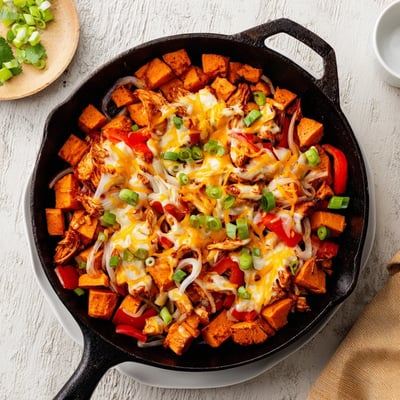 A vibrant skillet meal of diced sweet potatoes, smoky shredded BBQ chicken, and red bell peppers, finished with melted cheese and fresh jalapeño slices.