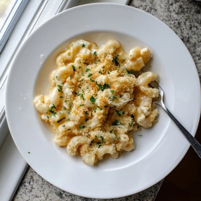 Baked mac and cheese served bubbly from the oven, ready for a comforting family dinner plate.