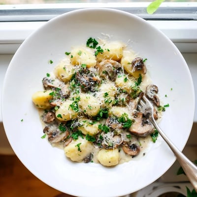 Golden brown mushrooms and aromatic garlic garnish this comforting Creamy Mushroom Gnocchi, paired perfectly with a glass of white wine.  