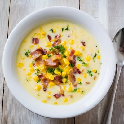 Hot Yoghurt Soup with Corn, Bacon, and Coriander topped with crispy bacon bits and fresh herbs.  