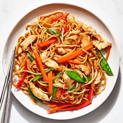 Stir-fried Chicken Chow Mein in a hot wok, showing steam, colorful bell peppers, snow peas, and fresh scallions.