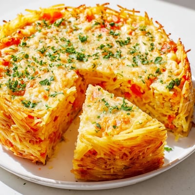 A close-up slice of Impossible Pasta Pie shows the golden, crispy Parmesan topping and creamy egg custard clinging to perfectly cooked spaghetti noodles. 