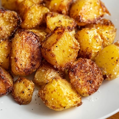 Perfect Crispy Roast Potatoes piled high on a platter with fresh rosemary sprigs and roasted garlic cloves.