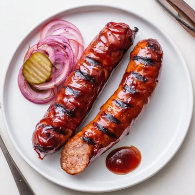 Smoky BBQ Sausage Recipe served in toasted buns with crisp coleslaw