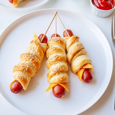 Close up of Firecracker Hot Dogs brushed with butter, sesame seeds, ready to serve