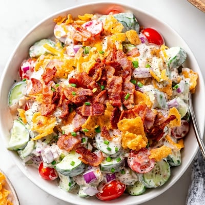 Bowl of Cucumber Ranch Crack Salad topped with cheddar, chives, crispy bacon