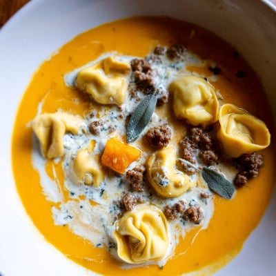 Golden butternut squash sausage tortellini soup topped with a velvety sage cheese swirl
