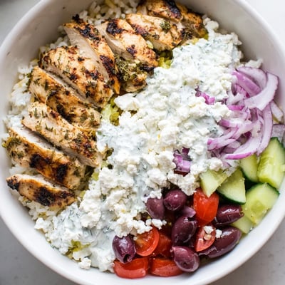 Golden herbed chicken sliced over fluffy rice in vibrant Greek Chicken Bowls